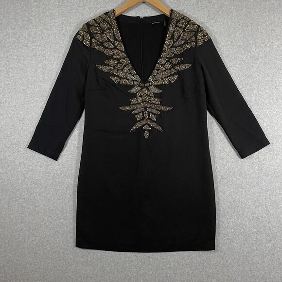 Marciano Black Mini Dress Size 2 Sparkly Cocktail Gold Hand Embellishment Tunic - Picture 1 of 15
